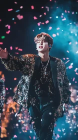 Stage performer in sequined jacket under dynamic concert lighting