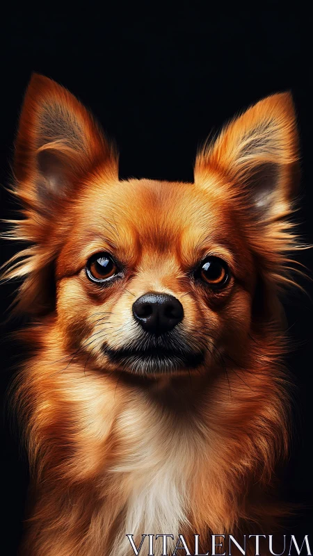 Fiery longhaired Chihuahua portrait on deep black backdrop.