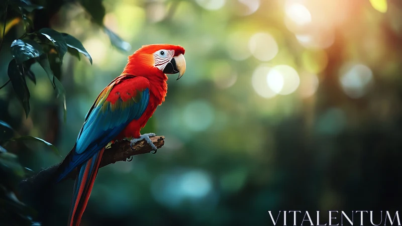 Vibrant Scarlet Macaw Perched on Branch in Sunlit Jungle Scene.