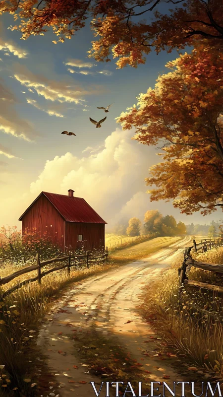 Autumn country road with red barn and birds in flight.