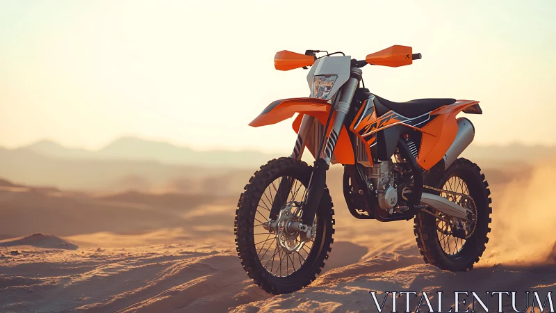 Orange desert dirt bike under golden sunset light.