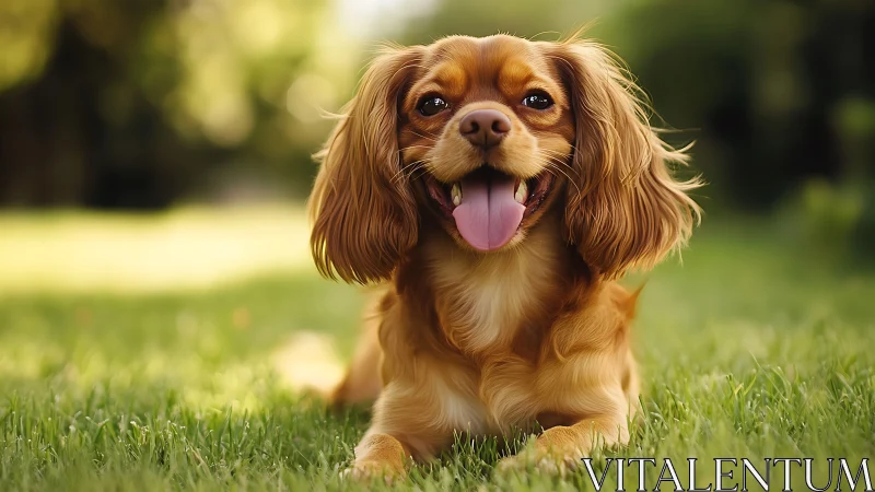 Sunlit spaniel grinning through a golden green afternoon lawn.