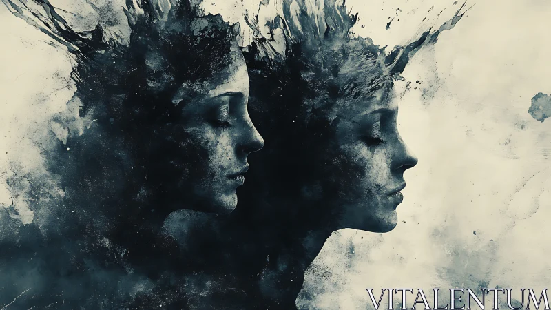 Whispered twin silhouettes drift in a storm of quiet ink dreams