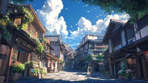 Sunlit anime alleyway with floral-draped wooden facades.