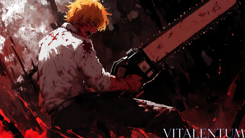 Blood-soaked anime warrior grips chainsaw in dynamic backlight