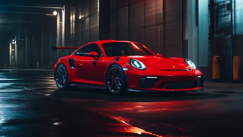 3D automotive render of red sports coupe in moody tunnel light.