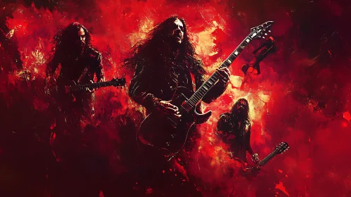 Heavy metal guitarist in fiery red abstract stage art.