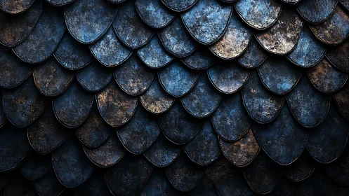 Layered metallic scales show complex specular highlights and decay