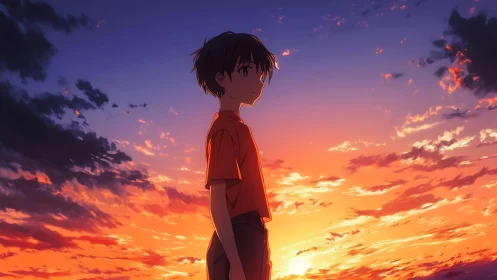 Boy in silhouette watches vivid orange and violet sunset sky