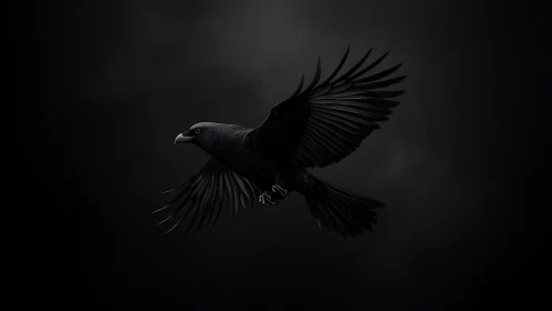 Black raven spreads wings against deep storm cloud void