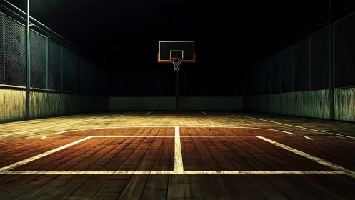 Lonely outdoor basketball court glows under dramatic night lighting.