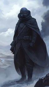 Masked desert sentinel stands in stormlit wasteland.