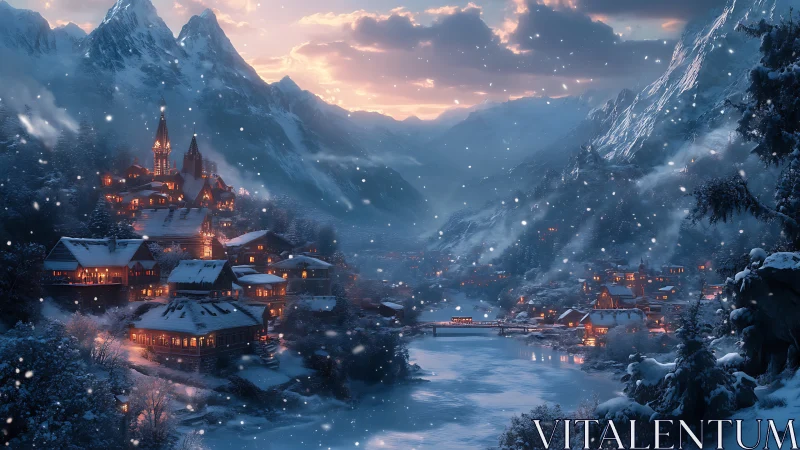 Snow-laden alpine river valley village at blue-hour twilight