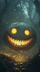 Glowing jack o lantern sphere suspended in dense forest.