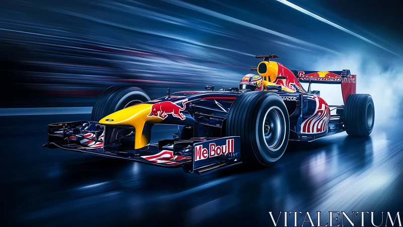 Formula race car moves along illuminated track surface