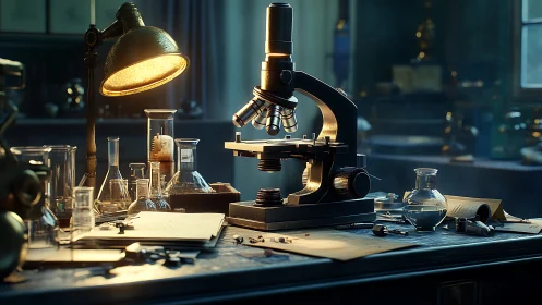 Midnight microscope dreaming under pools of amber laboratory light.