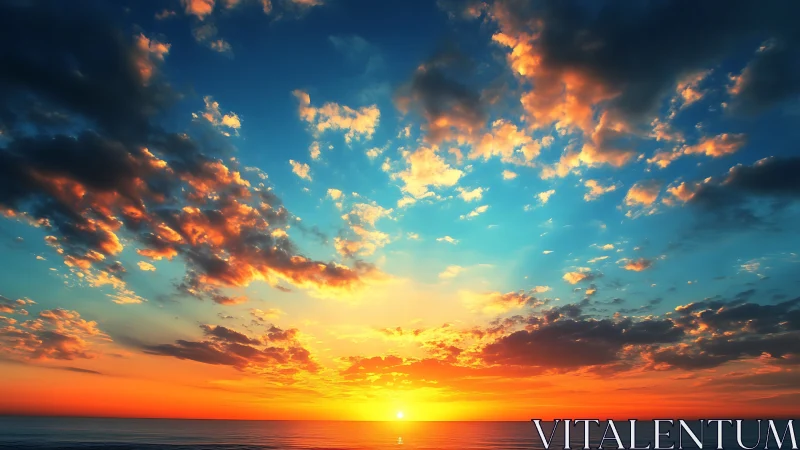 Radiant ocean sunset ignites clouds with vivid warm light.