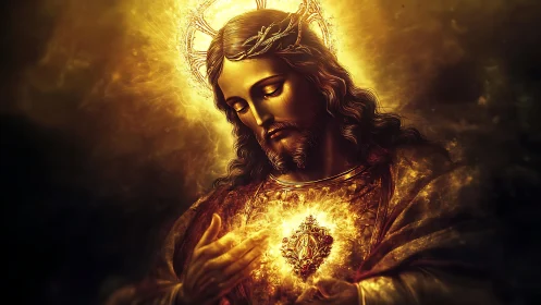 Luminous sacred heart crowned in molten gold reverence.
