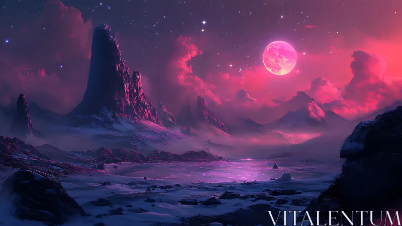 Alien ice landscape under vivid pink moon and stars.