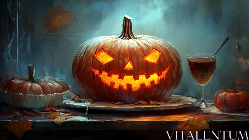 Glowing jack-o&rsquo;-lantern crowns a moody Halloween table scene.