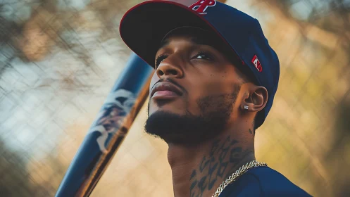 Focused baseball player gazes upward under warm evening light