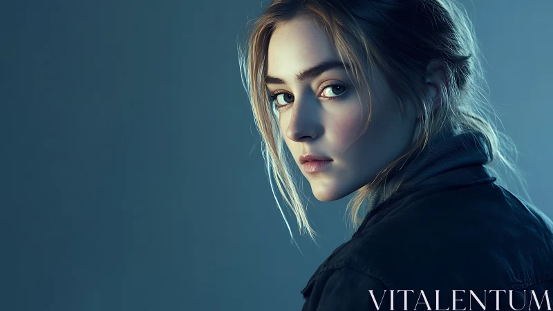 Cinematic blue portrait of young woman in soft rim light.