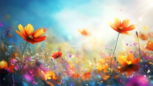 Vibrant Wildflower Field with Bokeh Lighting Effects.