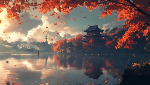 Digital painting of autumnal lakeside pagoda in warm haze.