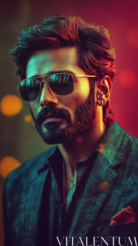 Stylish bearded man in sunglasses stands in neon glow