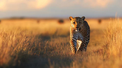 Leopard walking through tall dry grassland at sunset.