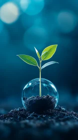 Young green plant in soil encased within clear glass sphere.