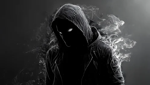 Hooded faceless figure with glowing eyes in dark smoke