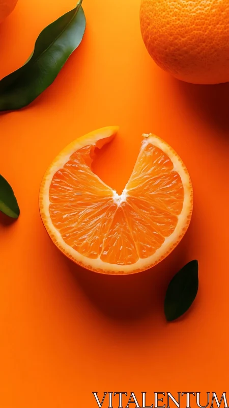 Sliced orange half with bite missing on vivid orange backdrop