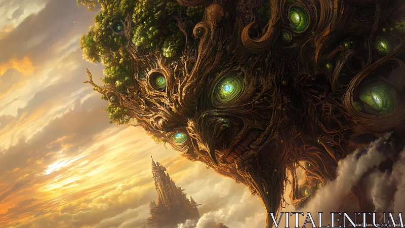 Colossal arboreal face with bio-luminescent cores dominates sky