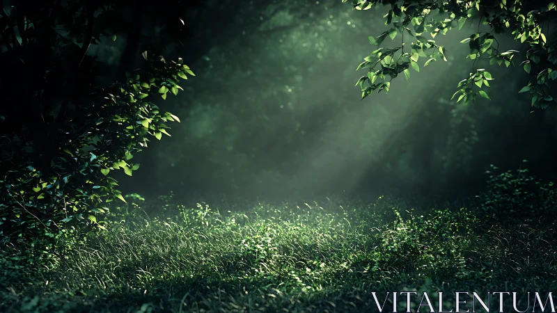 Sunlit Forest Clearing with Lush Greenery in Dreamy Light.