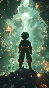 Heroic silhouette faces exploding emerald city void.