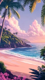 Tropical Sunset Beach Paradise Digital Illustration