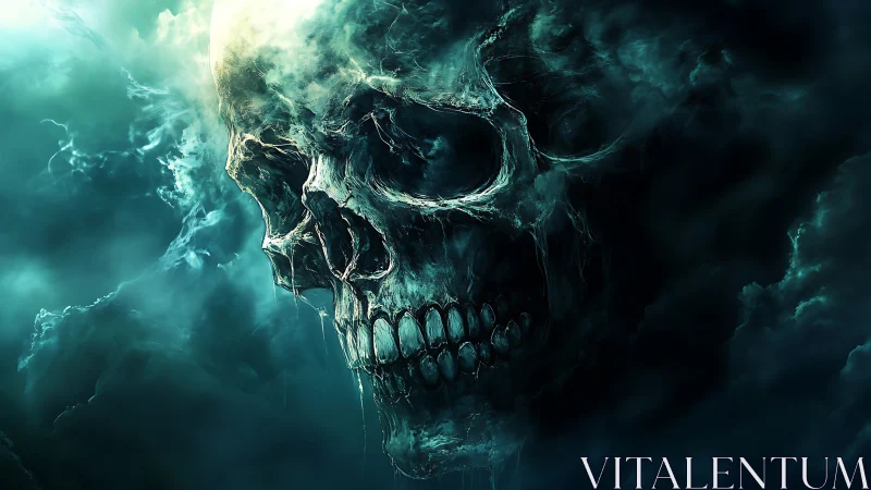 Large translucent skull shape emerging within dense clouds.