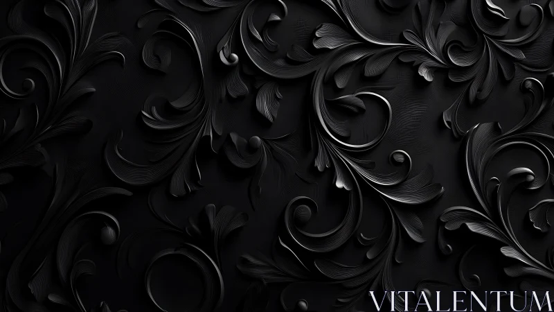 Velvet-black baroque swirls in sculpted ornamental shadow.