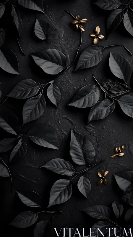 Black foliage layout with metallic gold floral accents on slate