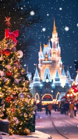 Snowy Christmas tree before illuminated winter castle.