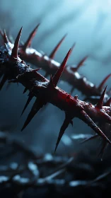 Bloodstained thorns in cinematic macro focus against haze.