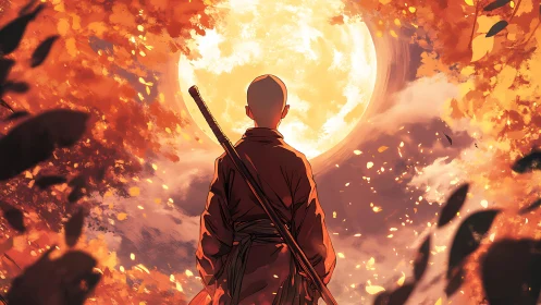 Solitary robed figure observes full moon through autumn foliage