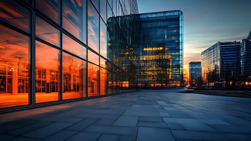 Glass office buildings at sunset with reflective facades.