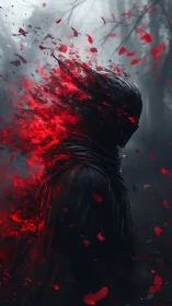 Shrouded wraith dissolving into crimson embers in mist.