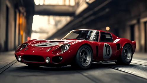 Photorealistic red vintage race car in moody industrial hangar