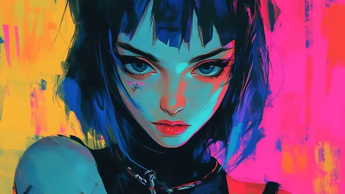 Neon-glow rebel girl stares through electric painted nights.