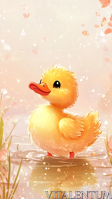 Golden duckling in pastel pond with luminous petals.