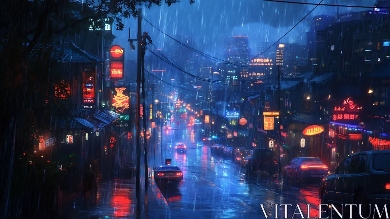 Neon-soaked city street glows under heavy midnight rain.