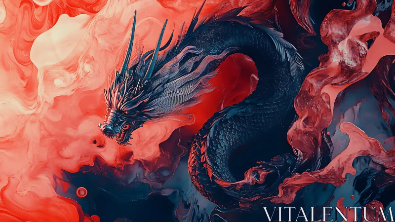 Serpentine dragon silhouette in red and dark fluid mist.